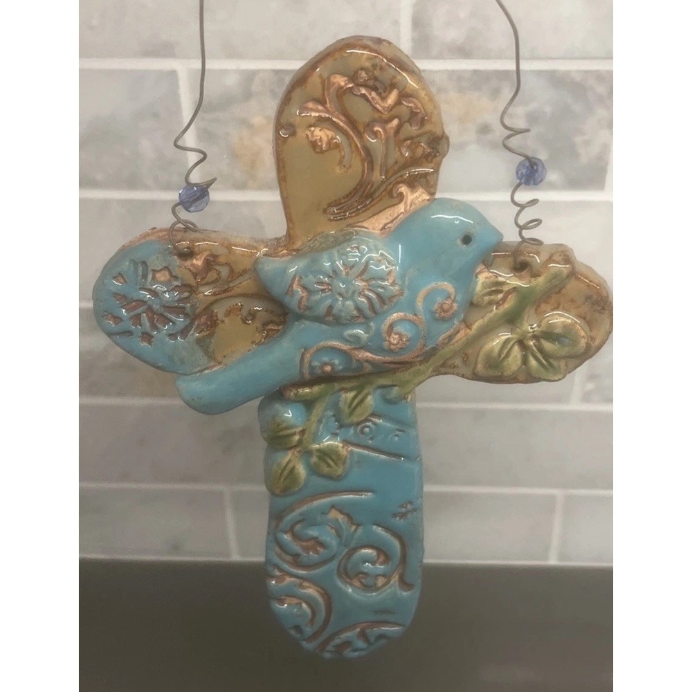 Artesian Made Cross Ceramic Cross Hand Painted With Bird And Beaded Wire Hanger